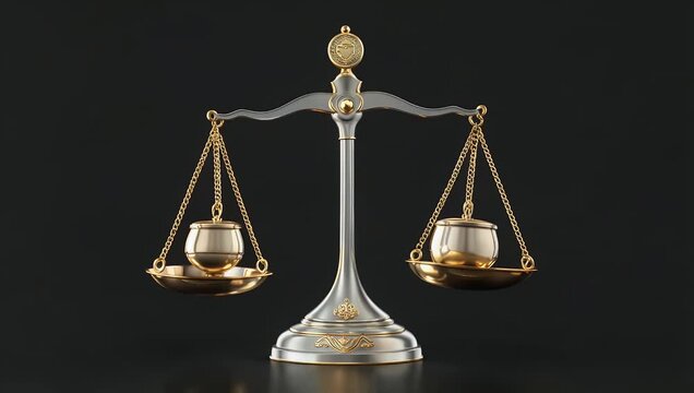 Clean 4K 2D animation of justice balance scale icon symbolizing law fairness smoothly animated on black background legal institutional 