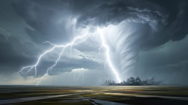 A powerful tornado sweeps across a flat landscape, illuminated by dramatic lightning strikes, showcasing nature's raw power.