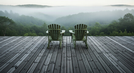 A peaceful wooden deck overlooking a misty morning forest. Two empty Adirondack chairs face the view. The bottom half of the image is the textured wood of the deck, perfect for overlaying dark text.