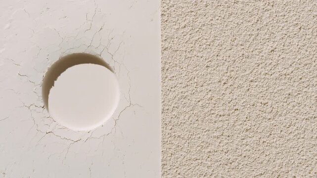 Top-down perspective shot of beige half flattened half sifted powder surface with small round imprint highlighted by orbiting light forming changing shadows | Ad concept for powder foundation