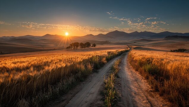 Sunrise over a golden field road - Powered by Adobe