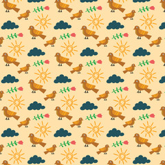 Cute Seamless Pattern with Birds, Sun, and Clouds