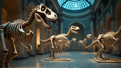 Dinosaur Skeletons in Museum Hall