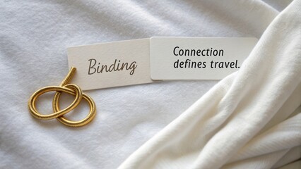 Elegant golden binding with inspirational travel quote on a white fabric background for lifestyle and adventure themes