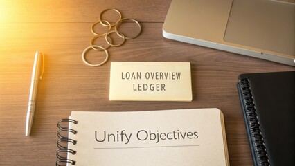 Organized workspace with loan overview ledger, pens, rings, laptop, and notebook emphasizing unified objectives for professionals