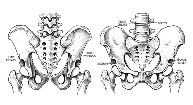 Detailed black and white line art vector illustration of human anatomical pelvis bone structure with labels for sacrum coccyx and pubic symphysis.