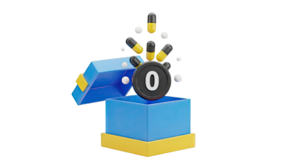 3D Icon: Open Gift Box with Pills and Number Zero