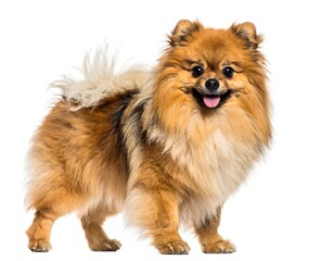 A fluffy, happy canine posing, facing the viewer. It's on a white background