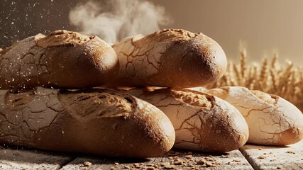 French bread background with crusty baguettes, rustic bakery texture and floating flour dust