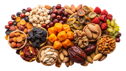 Nuts and dried shading on transparent background
