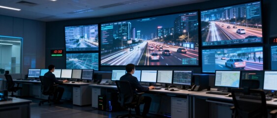Control room with operators and multiple screens