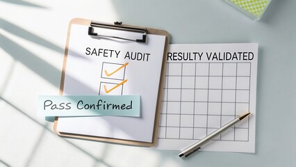 Safety Audit Checklist with Confirmation of Pass Status on Desk with Checking Marks and Summary Graph