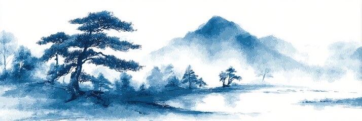 Tranquil landscape with misty mountains and trees.  Watercolor-style painting