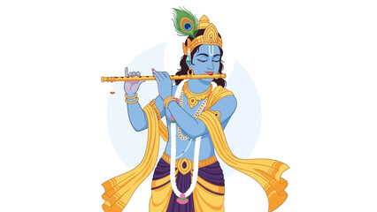 Fototapeta premium Illustration of Krishna playing a flute with traditional Indian attire and peacock feather