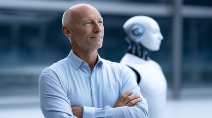 A clean, conceptual, ultra-realistic scene set in a modern corporate environment, featuring a human and a humanoid robot standing back to back, symbolizing collaboration between hu