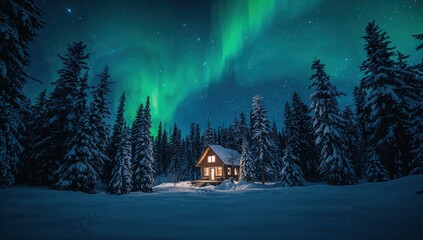 Cozy wooden cabin with illuminated windows in a snowy forest under a green aurora borealis night sky.