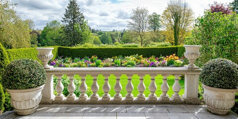 A grand stone balcony with ornate balusters overlooks a meticulously maintained garden with lush greenery.