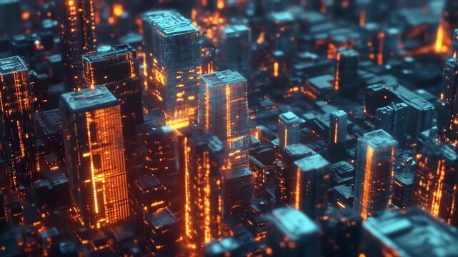 Abstract cityscape with illuminated skyscrapers and futuristic design