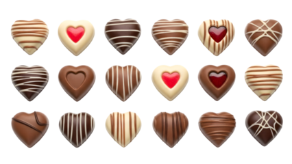 Assorted heart shaped chocolates isolated on transparent background