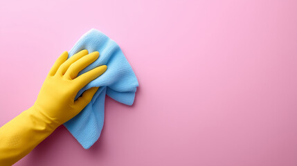 A clean, minimalistic lifestyle and commercial scene focused on a single human hand engaged in a simple cleaning action, isolated against a soft pastel pink background. The composi