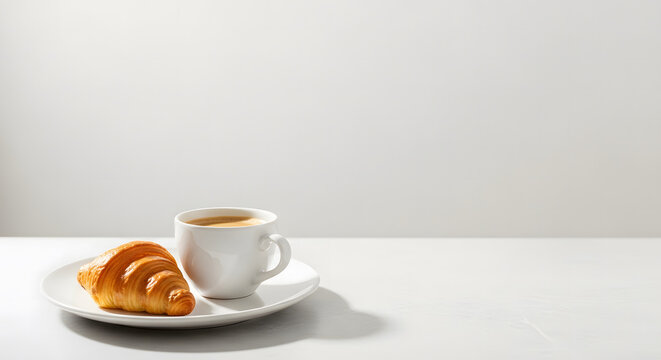 Freshly baked golden croissant and a white cup of espresso coffe