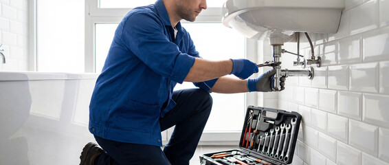 Plumber Working in Bathroom, Professional Plumbing Repair Service Concept