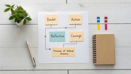 Process of Ethical Bravery Flowchart Featuring Reflection, Courage, Doubt, and Action on a Minimalist Workspace