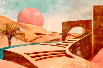 Futuristic architecture in retro qatar landscape with desert oasis