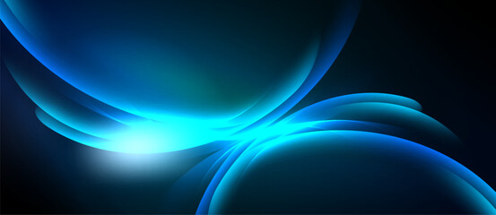 Abstract blue light shapes radiate from center. Smooth curves create dynamic energy, dark background emphasizes brilliance.