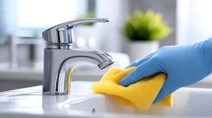 A realistic close-up photograph of a modern chrome bathroom faucet being cleaned with a yellow microfiber cloth. A hand wearing a blue rubber cleaning glove is wiping the shiny met