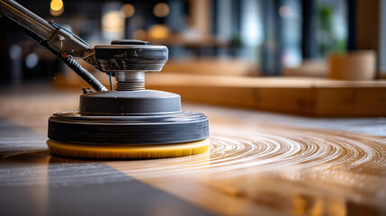 Obraz premium A realistic close-up photograph of professional floor cleaning in progress using an industrial rotary floor scrubber machine. The machine is applying cleaning solution and foam to