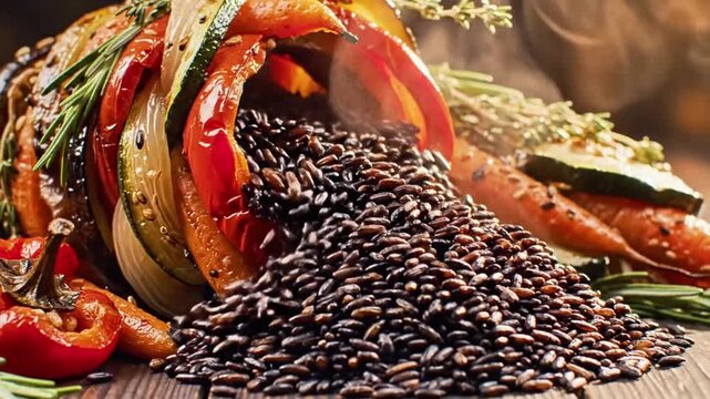 A cornucopia made of interwoven roasted vegetables, spilling out grains of black rice.
