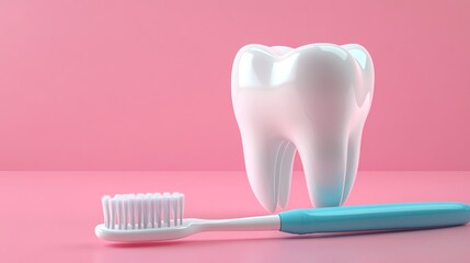 Toothbrush and tooth on pink background.