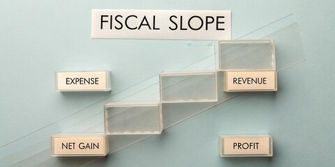 Conceptual Diagram of Fiscal Slope with Expense, Revenue, Net Gain, and Profit on Soft Blue Background