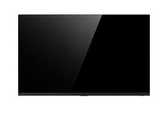 A sleek, reflective black display screen, either a TV or monitor, with a slim bezel, isolated on a bright white studio background with copy space, clean technology concept