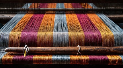 A close-up view of a weaving loom with colorful threads. The horizontal wooden bar adds depth. A vibrant display of craftsmanship and textile art in progress.