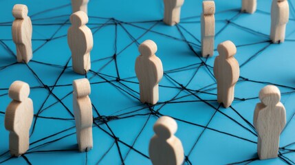 Wooden human figures connected by black lines on a vibrant blue background representing social networking, business connections, teamwork, and corporate collaboration concepts
