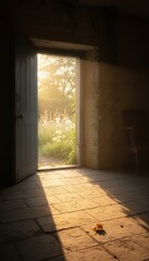 Golden Sunlight Streaming Through an Open Doorway Into a Rustic Stone Room With Dust Motes