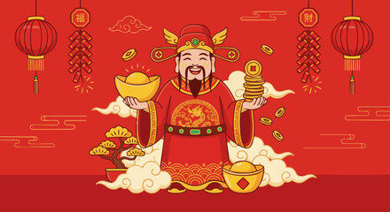 Fototapeta premium “Flat vector illustration of the Chinese God of Wealth during Lunar New Year, traditional costume, gold ingots and coins, auspicious symbols, red background, festive atmosphere, flat vector art,