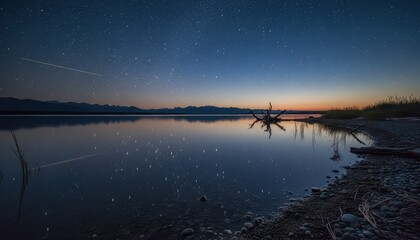 Serene Twilight Reflection of Starry Sky on Still Lake Water with Distant Silhouetted Mountains