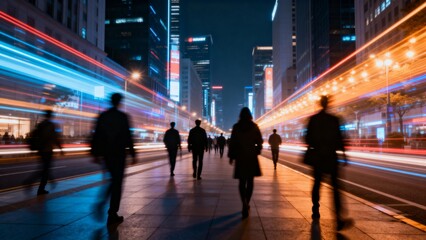Nighttime city street with pedestrians and light trails