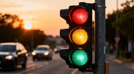 Traffic light with cars on road at sunset