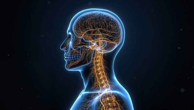 Detailed anatomy render of the skull contents and spine highlighting the nervous system pathways.