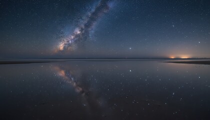 Stunning Milky Way Galaxy Reflection on a Calm Beach Shoreline under a Starry Night Sky Landscape
