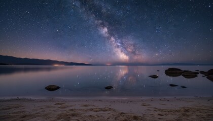 Stunning Milky Way Galaxy Reflection Over Calm Lake Waters with Distant Mountains and Sandy Beach