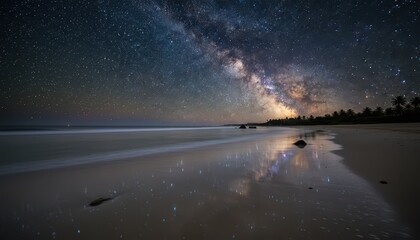 Majestic Milky Way Galaxy Shining Over a Tropical Beach with Bioluminescent Reflections at Night