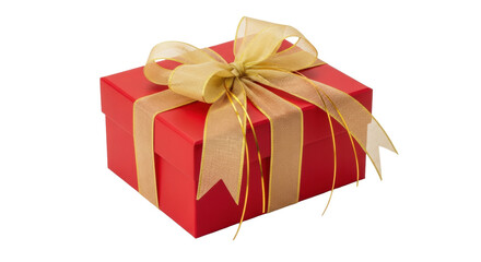 Obraz premium A vibrant red rectangular gift box with luxurious golden sheer ribbon, symmetrical bow, fine texture, on a transparent background with copy space, high-end commercial concept