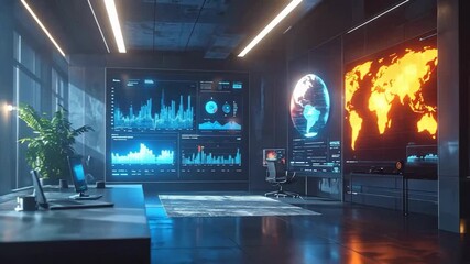 Futuristic office space with digital displays showing global data and financial charts. - Powered by Adobe