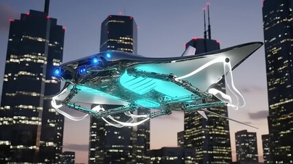 Futuristic flying vehicle soaring above the city skyline at dusk.