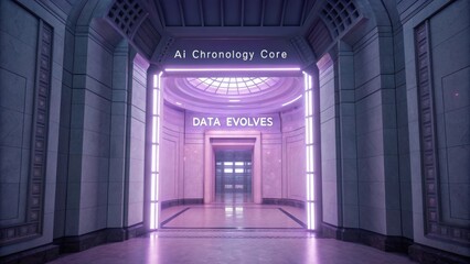 Futuristic Entrance to Data Evolution Hall with Neon Lights and Elegant Architecture in a Modern Digital Space